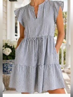 NWT - Light Blue Seersucker Drawstring Waist Summer Dress with Pockets